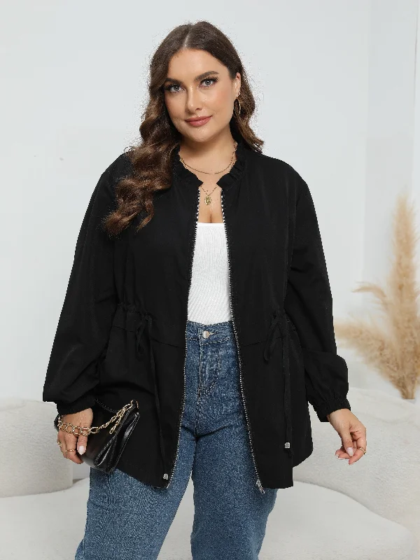 Mega Sale Sixsr Plus Size Casual Jacket, Women's Plus Solid Drawstring Long Sleeve Ruffle Trim Round Neck Zip Up Jacket Mega Sale Sixsr Plus Size Casual Jacket, Women's Plus Solid Drawstring Long Sleeve Ruffle Trim Round Neck Zip Up Jacket