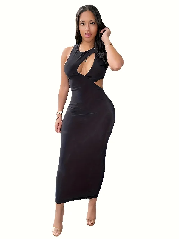 Midnight Madness Sixsr Solid Hollow Bodycon Maxi Dress, Seductive Sleeveless Slim Fit Dress For Club & Cocktail, Women's Clothing Midnight Madness Sixsr Solid Hollow Bodycon Maxi Dress, Seductive Sleeveless Slim Fit Dress For Club & Cocktail, Women's Clothing
