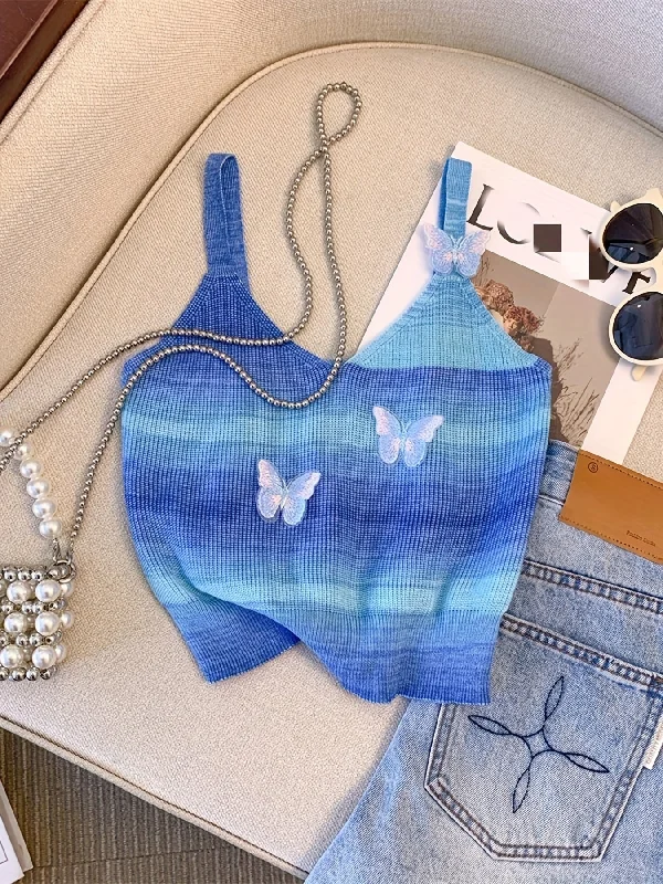 Weekend Bargains to Snag Sixsr Butterfly Pattern Gradient Knitted Cami Top, Casual V Neck Summer Sleeveless Top, Women's Clothing Weekend Bargains to Snag Sixsr Butterfly Pattern Gradient Knitted Cami Top, Casual V Neck Summer Sleeveless Top, Women's Clothing
