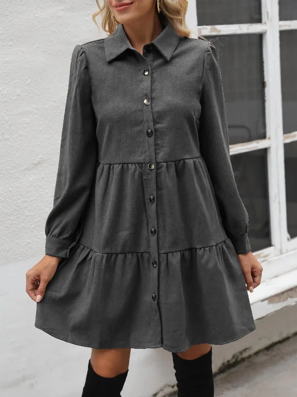 Weekend Savings Spectacular Sixsr Button Front Tiered Dress, Casual Solid Long Sleeve Dress, Women's Clothing Weekend Savings Spectacular Sixsr Button Front Tiered Dress, Casual Solid Long Sleeve Dress, Women's Clothing