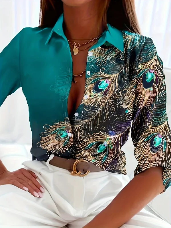 Quick Deals Sixsr Peacock Feather Print Shirt, Long Sleeve Button Up Casual Top For Fall & Spring, Women's Clothing Quick Deals Sixsr Peacock Feather Print Shirt, Long Sleeve Button Up Casual Top For Fall & Spring, Women's Clothing
