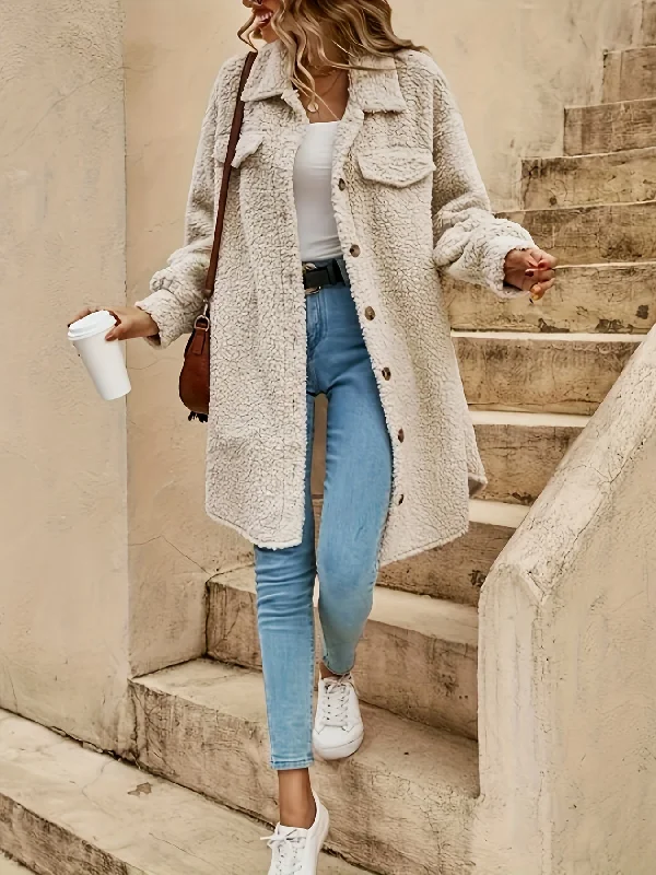 Limited Offer Sixsr Button Front Solid Teddy Coat, Casual Long Sleeve Winter Outerwear, Women's Clothing Limited Offer Sixsr Button Front Solid Teddy Coat, Casual Long Sleeve Winter Outerwear, Women's Clothing