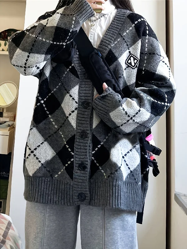 Weekend Discounts to Love Sixsr Plaid Button Down Knit Cardigan, Preppy Long Sleeve Loose Sweater With Pocket, Women's Clothing Weekend Discounts to Love Sixsr Plaid Button Down Knit Cardigan, Preppy Long Sleeve Loose Sweater With Pocket, Women's Clothing