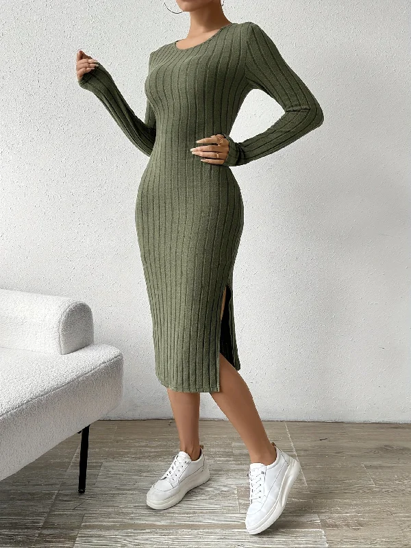 Exclusive Weekend Offers Inside Sixsr Ribbed Solid Split Dress, Casual Crew Neck Long Sleeve Dress, Women's Clothing Exclusive Weekend Offers Inside Sixsr Ribbed Solid Split Dress, Casual Crew Neck Long Sleeve Dress, Women's Clothing