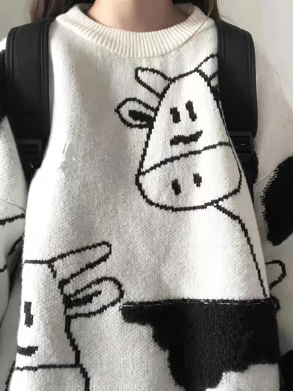 Online Deal Sixsr Cute Cow Pattern Pullover Sweater, Preppy Long Sleeve Oversized Sweater, Women's Clothing Online Deal Sixsr Cute Cow Pattern Pullover Sweater, Preppy Long Sleeve Oversized Sweater, Women's Clothing