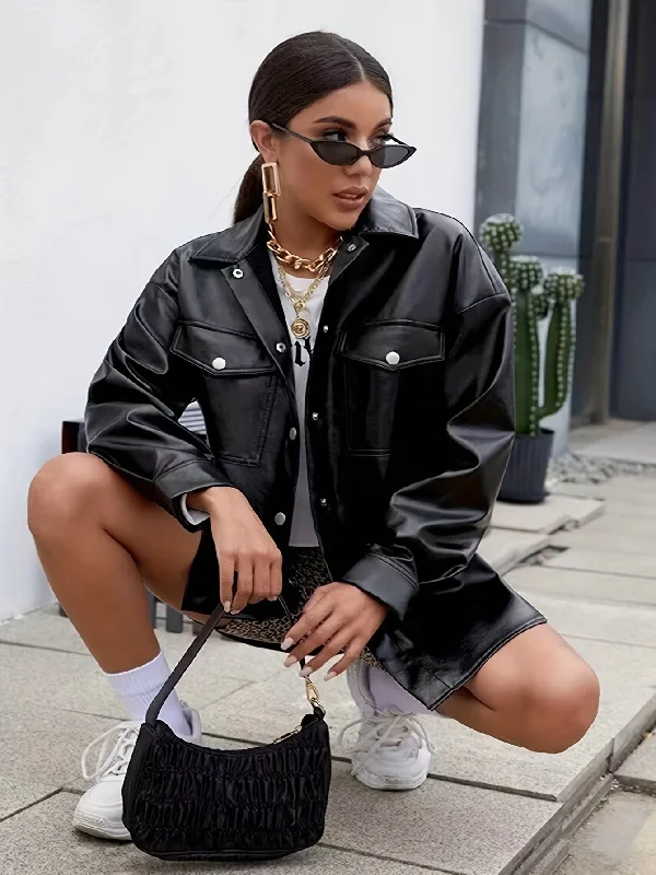 One-Day Only Sixsr Plus Size Street Style Coat, Women's Plus Solid Faux Leather Long Sleeve Lapel Collar Button Up Jacket With Flap Pockets One-Day Only Sixsr Plus Size Street Style Coat, Women's Plus Solid Faux Leather Long Sleeve Lapel Collar Button Up Jacket With Flap Pockets