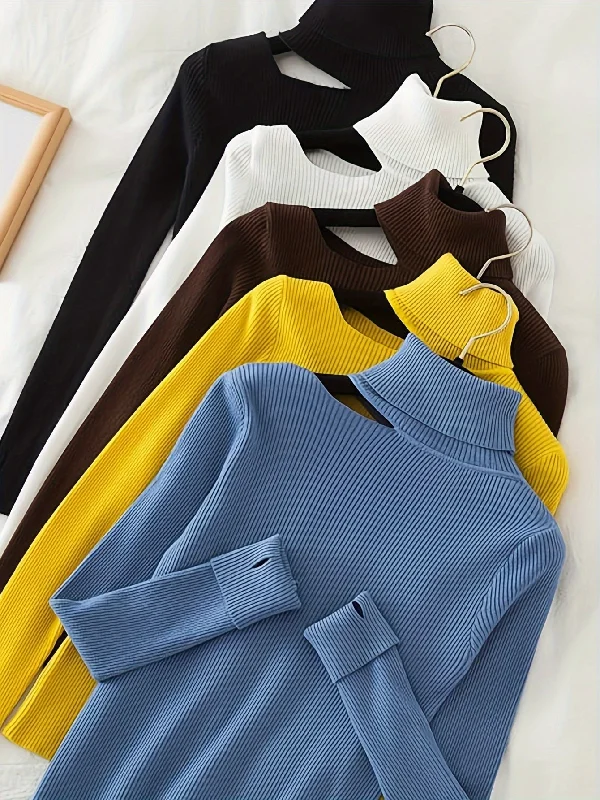 Weekend Offers That Excite Sixsr Solid Turtle Neck Rib Knit Top 5 Pack, Elegant Cut Out Long Sleeve Slim Sweater, Women's Clothing Weekend Offers That Excite Sixsr Solid Turtle Neck Rib Knit Top 5 Pack, Elegant Cut Out Long Sleeve Slim Sweater, Women's Clothing
