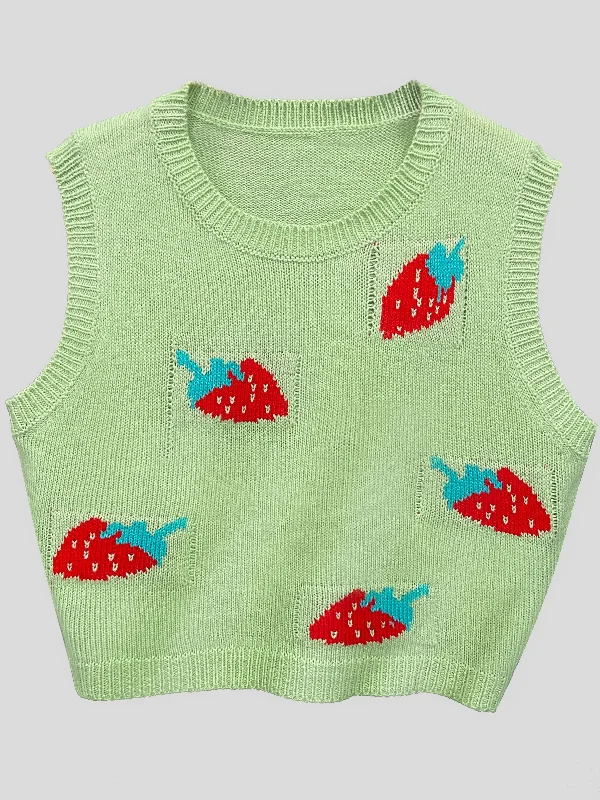 Hurry Up Sixsr Strawberry Print Sweater Vest, Cute Preppy Crew Neck Sleeveless Vest, Women's Clothing Hurry Up Sixsr Strawberry Print Sweater Vest, Cute Preppy Crew Neck Sleeveless Vest, Women's Clothing