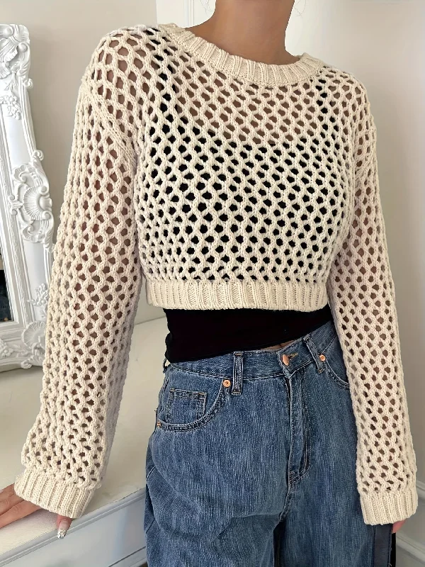 Weekend Deals That Spark Sixsr Solid Hollow Out Crochet Coverup, Elegant Long Sleeve Crop Top For Spring & Summer, Women's Clothing