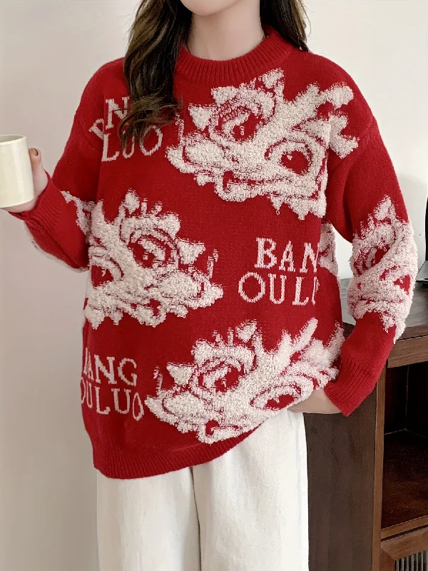 Super Savings Sixsr Dragon Pattern Crew Neck Pullover Sweater, Casual Long Sleeve Loose Sweater, Women's Clothing Super Savings Sixsr Dragon Pattern Crew Neck Pullover Sweater, Casual Long Sleeve Loose Sweater, Women's Clothing