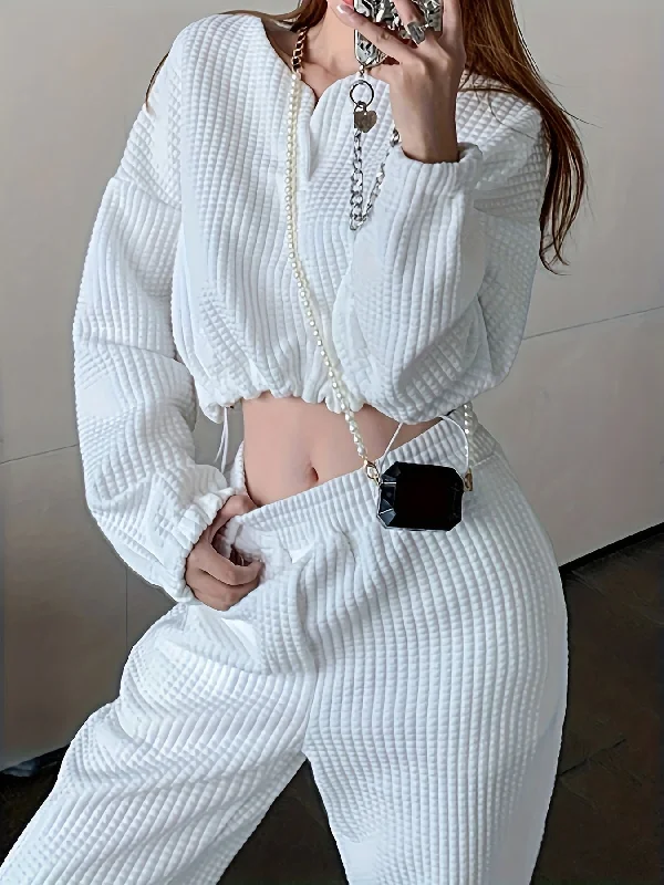 Price Slash Sixsr Solid Textured Crew Neck Drawstring Sweatshirt, Casual Long Sleeve Drop Shoulder Sweatshirt, Women's Clothing Price Slash Sixsr Solid Textured Crew Neck Drawstring Sweatshirt, Casual Long Sleeve Drop Shoulder Sweatshirt, Women's Clothing