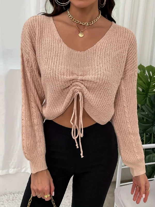Best Choice Sixsr Drawstring V Neck Crop Sweater, Casual Long Sleeve Sweater For Spring & Fall, Women's Clothing Best Choice Sixsr Drawstring V Neck Crop Sweater, Casual Long Sleeve Sweater For Spring & Fall, Women's Clothing
