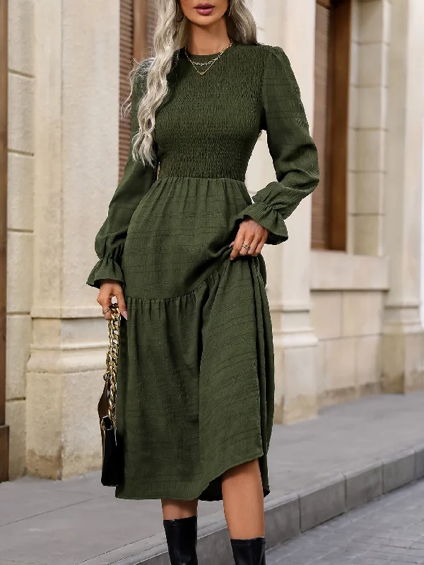 Weekend Bargains Just for You Sixsr Textured Shirred Crew Neck Dress, Casual Long Sleeve Tiered Dress, Women's Clothing
