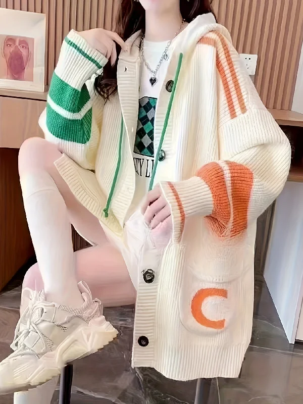 Weekend Specials to Savor Color Block Knit Drawstring Hooded Cardigan, Casual Long Sleeve Loose Outwear With Pocket, Women's Clothing Weekend Specials to Savor Color Block Knit Drawstring Hooded Cardigan, Casual Long Sleeve Loose Outwear With Pocket, Women's Clothing