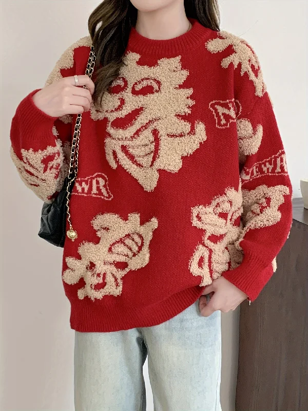 Super Discount Sixsr Dragon Pattern Crew Neck Pullover Sweater, Casual Long Sleeve Loose Fall Winter Sweater, Women's Clothing Super Discount Sixsr Dragon Pattern Crew Neck Pullover Sweater, Casual Long Sleeve Loose Fall Winter Sweater, Women's Clothing