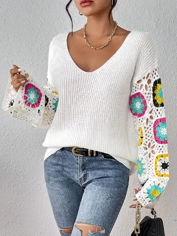 Huge Savings Sixsr Floral Pattern V Neck Knit Sweater, Casual Long Sleeve Pullover Sweater, Women's Clothing Huge Savings Sixsr Floral Pattern V Neck Knit Sweater, Casual Long Sleeve Pullover Sweater, Women's Clothing