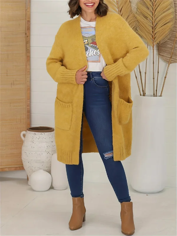 Weekend Bargains to Grab Solid Open Front Knitted Cardigan, Casual Long Sleeve Cardigan With Pockets For Fall & Winter, Women's Clothing Weekend Bargains to Grab Solid Open Front Knitted Cardigan, Casual Long Sleeve Cardigan With Pockets For Fall & Winter, Women's Clothing