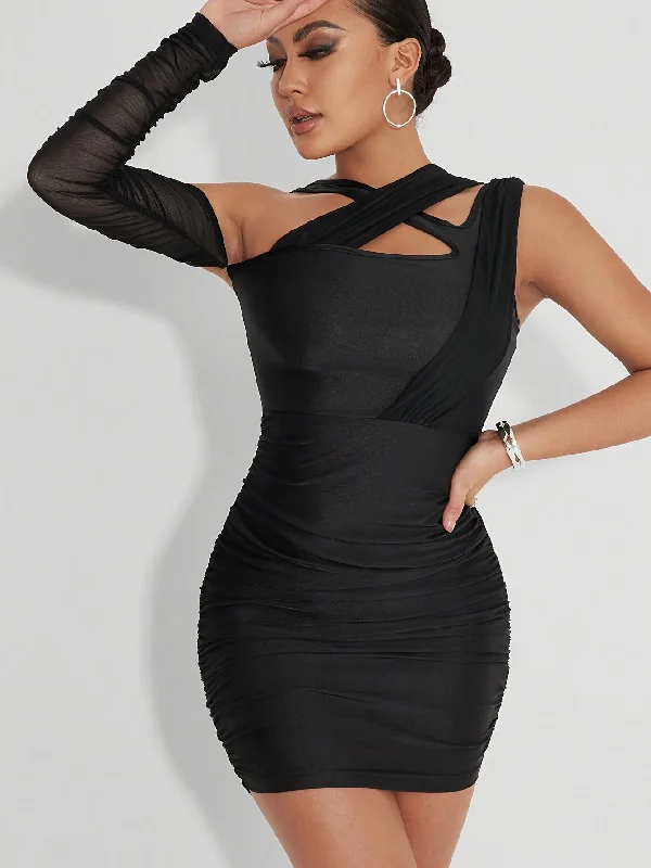While Supplies Last Sixsr Asymmetrical Ruched Bodycon Dress, Club Wear Long Sleeve Solid Dress, Women's Clothing While Supplies Last Sixsr Asymmetrical Ruched Bodycon Dress, Club Wear Long Sleeve Solid Dress, Women's Clothing