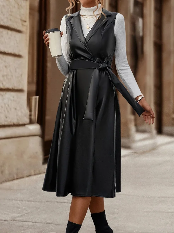 Year-End Deals Sixsr Solid Lapel Belted Dress, Elegant Faux Leather Sleeveless Dress, Women's Clothing Year-End Deals Sixsr Solid Lapel Belted Dress, Elegant Faux Leather Sleeveless Dress, Women's Clothing