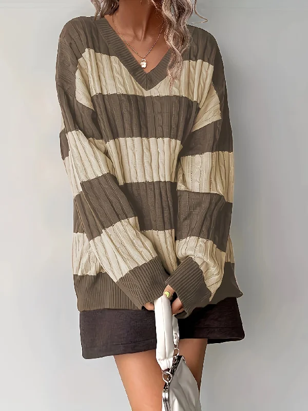 Weekend Shopping Extravaganza Sixsr Striped Print V Neck Sweater, Versatile Long Sleeve Sweater For Fall & Winter, Women's Clothing Weekend Shopping Extravaganza Sixsr Striped Print V Neck Sweater, Versatile Long Sleeve Sweater For Fall & Winter, Women's Clothing