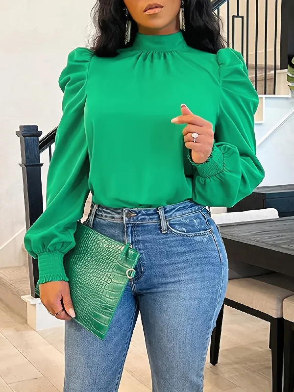 Major Deal Sixsr Solid Puff Sleeve Blouse, Stand Collar Long Sleeve Blouse, Elegant & Stylish Tops For Office & Work, Women's Clothing Major Deal Sixsr Solid Puff Sleeve Blouse, Stand Collar Long Sleeve Blouse, Elegant & Stylish Tops For Office & Work, Women's Clothing