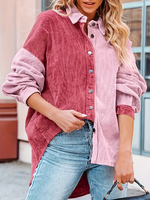 Weekend Special Sixsr Color Block Single Breasted Jacket, Vintage Corduroy Long Sleeve Outwear For Fall , Women's Clothing Weekend Special Sixsr Color Block Single Breasted Jacket, Vintage Corduroy Long Sleeve Outwear For Fall , Women's Clothing
