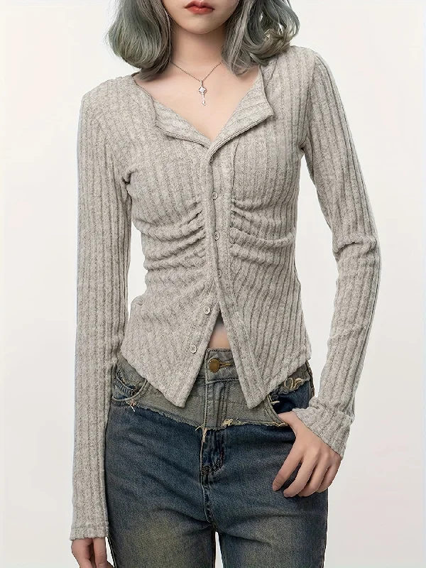 Bargain Alert Sixsr Long Sleeve Ribbed T-Shirt, Casual Button Up Top For Spring & Fall, Women's Clothing Bargain Alert Sixsr Long Sleeve Ribbed T-Shirt, Casual Button Up Top For Spring & Fall, Women's Clothing