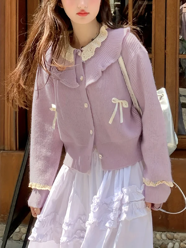 New Deal Sixsr Button Front Flat Collar Cardigan, Contrast Lace Long Sleeve Cardigan For Fall & Winter, Women's Clothing New Deal Sixsr Button Front Flat Collar Cardigan, Contrast Lace Long Sleeve Cardigan For Fall & Winter, Women's Clothing