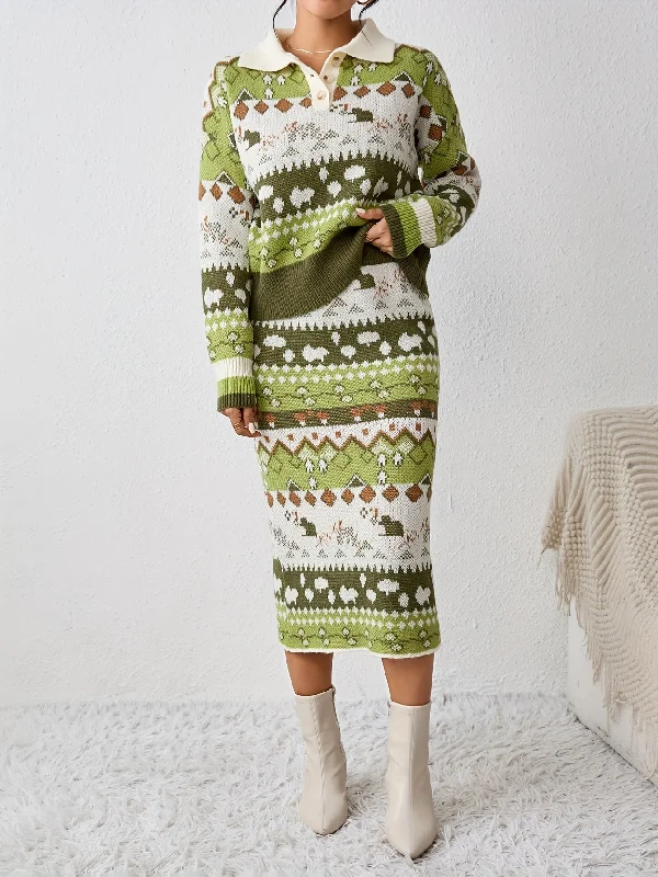 Weekend Specials to Celebrate Sixsr Geometric Pattern Knitted Two-piece Skirt Set, Long Sleeve Collared Sweater & Slim Skirts Outfits, Women's Clothing Weekend Specials to Celebrate Sixsr Geometric Pattern Knitted Two-piece Skirt Set, Long Sleeve Collared Sweater & Slim Skirts Outfits, Women's Clothing