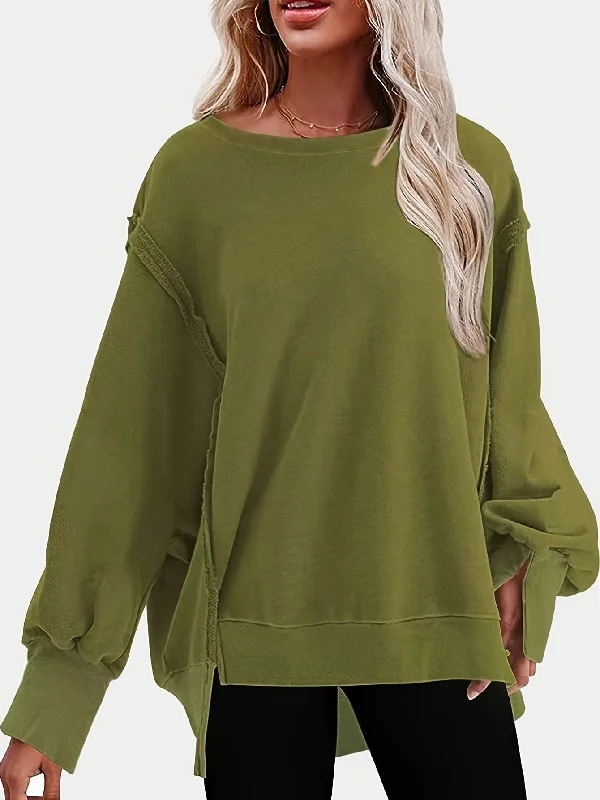 One-Day Only Sixsr Plus Size Casual Sweatshirt, Women's Plus Solid Long Sleeve Round Neck Fleece Split Loose Fit Pullover Top