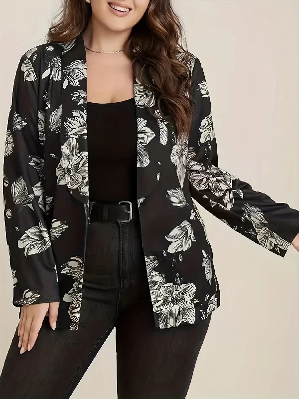 Hurry Up Sixsr Plus Size Casual Coat, Women's Plus Floral Print Long Sleeve Lapel Collar Slight Stretch Coat Hurry Up Sixsr Plus Size Casual Coat, Women's Plus Floral Print Long Sleeve Lapel Collar Slight Stretch Coat