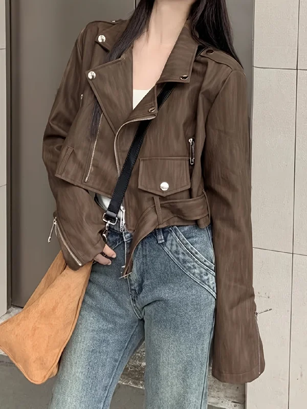 Low Cost Sixsr Solid Zipper Lapel Belted Biker Jacket, Vintage Long Sleeve Crop Jacket For Fall & Winter, Women's Clothing Low Cost Sixsr Solid Zipper Lapel Belted Biker Jacket, Vintage Long Sleeve Crop Jacket For Fall & Winter, Women's Clothing
