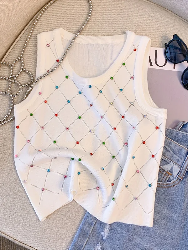 Cash Savings Sixsr Colorful Rhinestone Knitted Tank Top, Casual Crew Neck Sleeveless Tank Top For Summer, Women's Clothing Cash Savings Sixsr Colorful Rhinestone Knitted Tank Top, Casual Crew Neck Sleeveless Tank Top For Summer, Women's Clothing