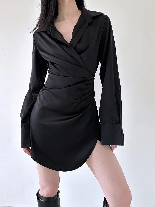 Unwind with Weekend Discounts Sixsr Solid V-neck Ruched Asymmetrical Dress, Elegant Long Sleeve Slim Dress For Spring & Fall, Women's Clothing Unwind with Weekend Discounts Sixsr Solid V-neck Ruched Asymmetrical Dress, Elegant Long Sleeve Slim Dress For Spring & Fall, Women's Clothing