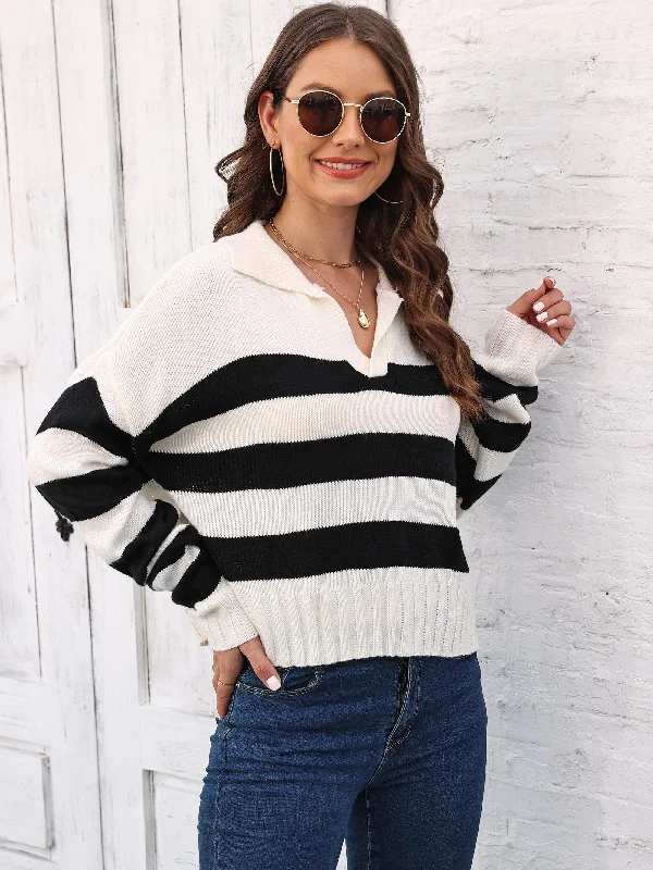 Weekend Savings Delight Striped V Neck Pullover Sweater, Casual Long Sleeve Drop Shoulder Sweater, Women's Clothing Weekend Savings Delight Striped V Neck Pullover Sweater, Casual Long Sleeve Drop Shoulder Sweater, Women's Clothing
