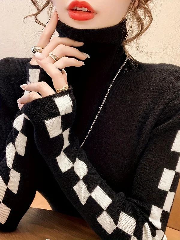Reduced Price Sixsr Plaid Turtle Neck Pullover Sweater, Casual Long Sleeve Slim Versatile Sweater, Women's Clothing Reduced Price Sixsr Plaid Turtle Neck Pullover Sweater, Casual Long Sleeve Slim Versatile Sweater, Women's Clothing