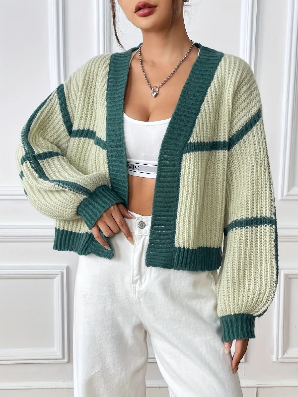 Weekend Discounts to Snag Sixsr Contrast Trim Simple Crop Knit Cardigan, Casual Open Front Lantern Sleeve Sweater, Women's Clothing Weekend Discounts to Snag Sixsr Contrast Trim Simple Crop Knit Cardigan, Casual Open Front Lantern Sleeve Sweater, Women's Clothing