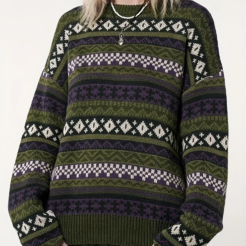 Weekend Offers That Sizzle Sixsr Y2K Ethnic Pattern Pullover Sweater, Casual Long Sleeve Drop Shoulder Knit Sweater, Women's Clothing