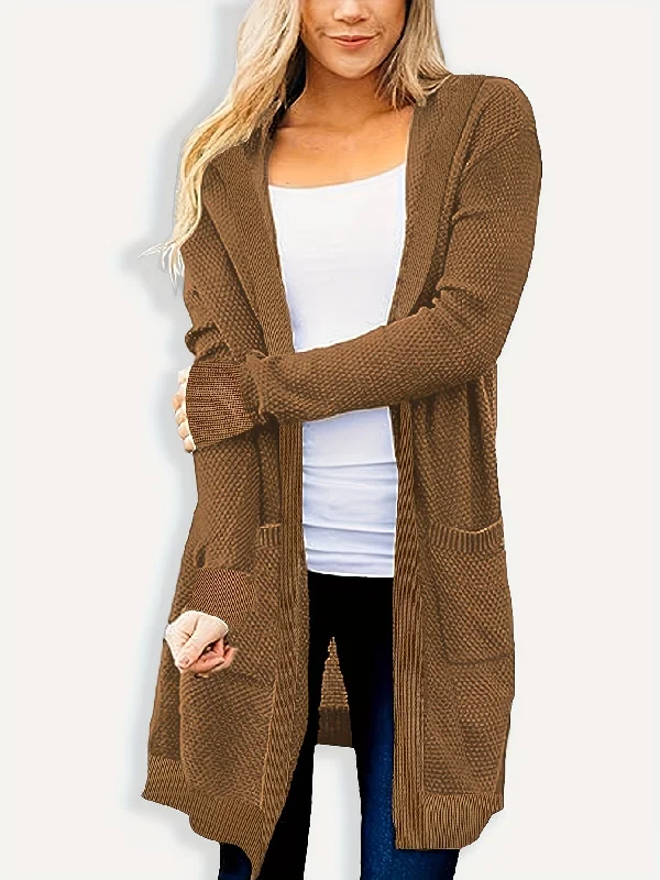 Weekend Bargains to Savor Pocket Front Hooded Knit Cardigan, Casual Open Front Long Sleeve Sweater, Women's Clothing Weekend Bargains to Savor Pocket Front Hooded Knit Cardigan, Casual Open Front Long Sleeve Sweater, Women's Clothing
