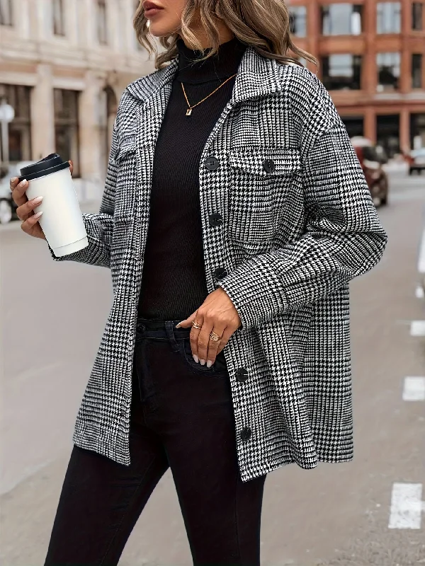 Huge Savings Sixsr Plus Size Casual Jacket, Women's Plus Houndstooth Print Button Up Long Sleeve Lapel Collar Coat Huge Savings Sixsr Plus Size Casual Jacket, Women's Plus Houndstooth Print Button Up Long Sleeve Lapel Collar Coat