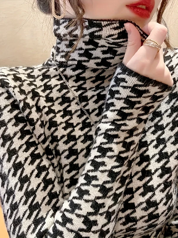 Unmissable Offer Sixsr Houndstooth Pattern Turtle Neck Pullover Sweater, Elegant Long Sleeve Slim Versatile Sweater, Women's Clothing Unmissable Offer Sixsr Houndstooth Pattern Turtle Neck Pullover Sweater, Elegant Long Sleeve Slim Versatile Sweater, Women's Clothing