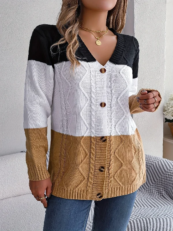 Weekend Specials to Relish Sixsr Color Block Button Down Cable Knit Cardigan, Casual Long Sleeve V Neck Sweater, Women's Clothing Weekend Specials to Relish Sixsr Color Block Button Down Cable Knit Cardigan, Casual Long Sleeve V Neck Sweater, Women's Clothing