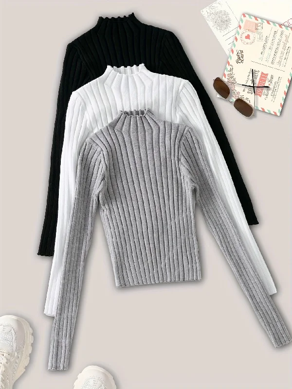 Deal of the Day Sixsr 3 Packs Solid Color Stand Collar Ribbed Pullover Sweater, Elegant Long Sleeve Knitted Sweater For Every Day, Women's Clothing Deal of the Day Sixsr 3 Packs Solid Color Stand Collar Ribbed Pullover Sweater, Elegant Long Sleeve Knitted Sweater For Every Day, Women's Clothing