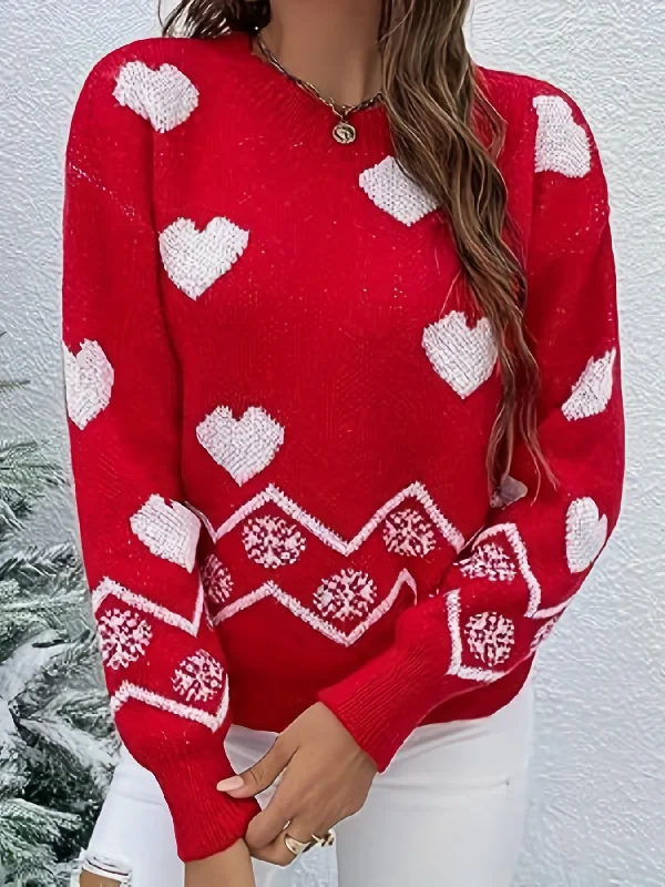 Weekend Specials to Celebrate Sixsr Christmas Heart Pattern Crew Neck Sweater, Casual Long Sleeve Basic Pullover Sweater, Women's Clothing Weekend Specials to Celebrate Sixsr Christmas Heart Pattern Crew Neck Sweater, Casual Long Sleeve Basic Pullover Sweater, Women's Clothing