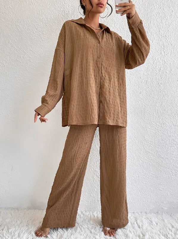 Markdown Sale Sixsr Casual Textured Solid Two-piece Set, Long Sleeve Button Front Shirt & Straight Leg Pants Outfits, Women's Clothing Markdown Sale Sixsr Casual Textured Solid Two-piece Set, Long Sleeve Button Front Shirt & Straight Leg Pants Outfits, Women's Clothing
