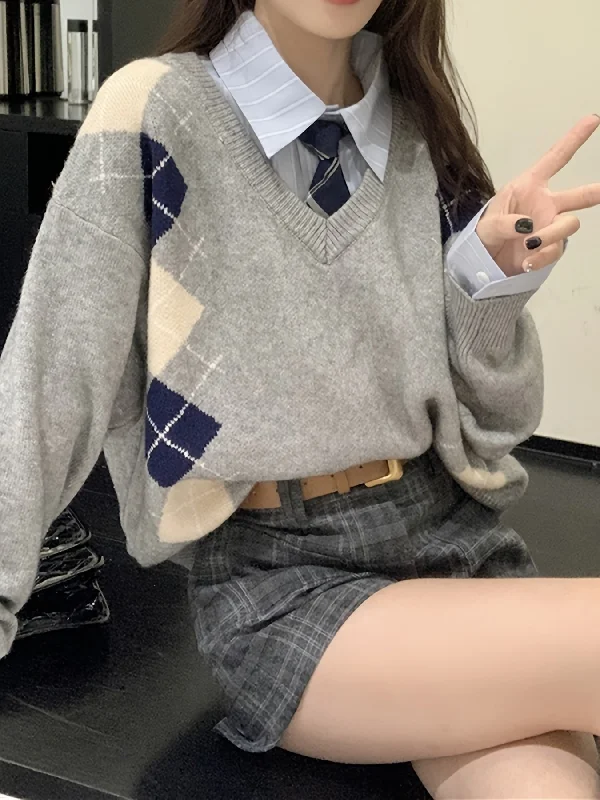 Limited Offer Sixsr Argyle Pattern V Neck Pullover Sweater, Vintage Long Sleeve Loose Sweater For Fall & Winter, Women's Clothing Limited Offer Sixsr Argyle Pattern V Neck Pullover Sweater, Vintage Long Sleeve Loose Sweater For Fall & Winter, Women's Clothing