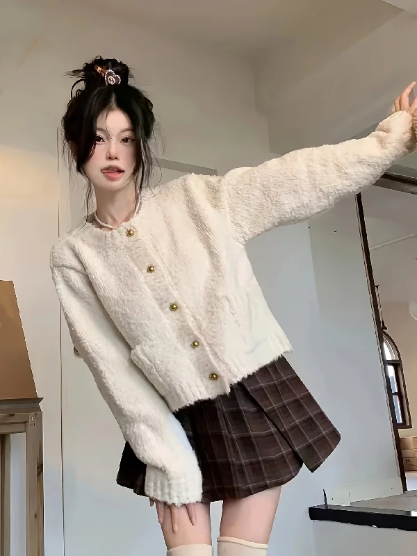 Time-Sensitive Sixsr Solid Button Down Fuzzy Knit Cardigan, Casual Crew Neck Long Sleeve Thick Sweater, Women's Clothing Time-Sensitive Sixsr Solid Button Down Fuzzy Knit Cardigan, Casual Crew Neck Long Sleeve Thick Sweater, Women's Clothing