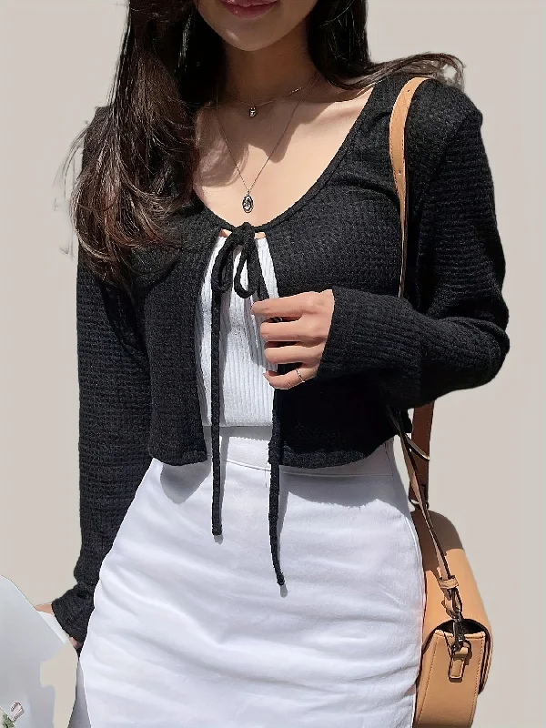 Flash Deal Sixsr Solid Tie Front Crop Knitted Top, Casual Long Sleeve Open Front Top, Women's Clothing Flash Deal Sixsr Solid Tie Front Crop Knitted Top, Casual Long Sleeve Open Front Top, Women's Clothing