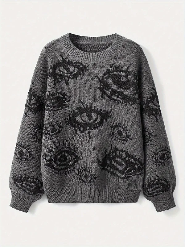 Quick Deals Sixsr Eye Pattern Crew Neck Sweater, Y2K Long Sleeve Pullover Sweater, Women's Clothing Quick Deals Sixsr Eye Pattern Crew Neck Sweater, Y2K Long Sleeve Pullover Sweater, Women's Clothing