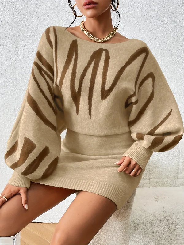 Weekend Bargains to Enjoy Sixsr Abstract Print Sweater Dress, Elegant Boat Neck Long Lantern Sleeve Dress, Women's Clothing Weekend Bargains to Enjoy Sixsr Abstract Print Sweater Dress, Elegant Boat Neck Long Lantern Sleeve Dress, Women's Clothing